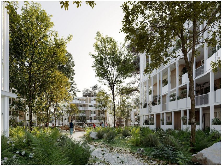 Le projet prévoit la construction d’environ 336 nouveaux logements traversants ou bi-orientés dans un cadre verdoyant. Vendredi Architectes Perspective © Jeudi Wang Le projet prévoit la construction d’environ 336 nouveaux logements traversants ou bi-orientés dans un cadre verdoyant. Vendredi Architectes Perspective © Jeudi Wang - Agrandir l'image, . 0octets (fenêtre modale)