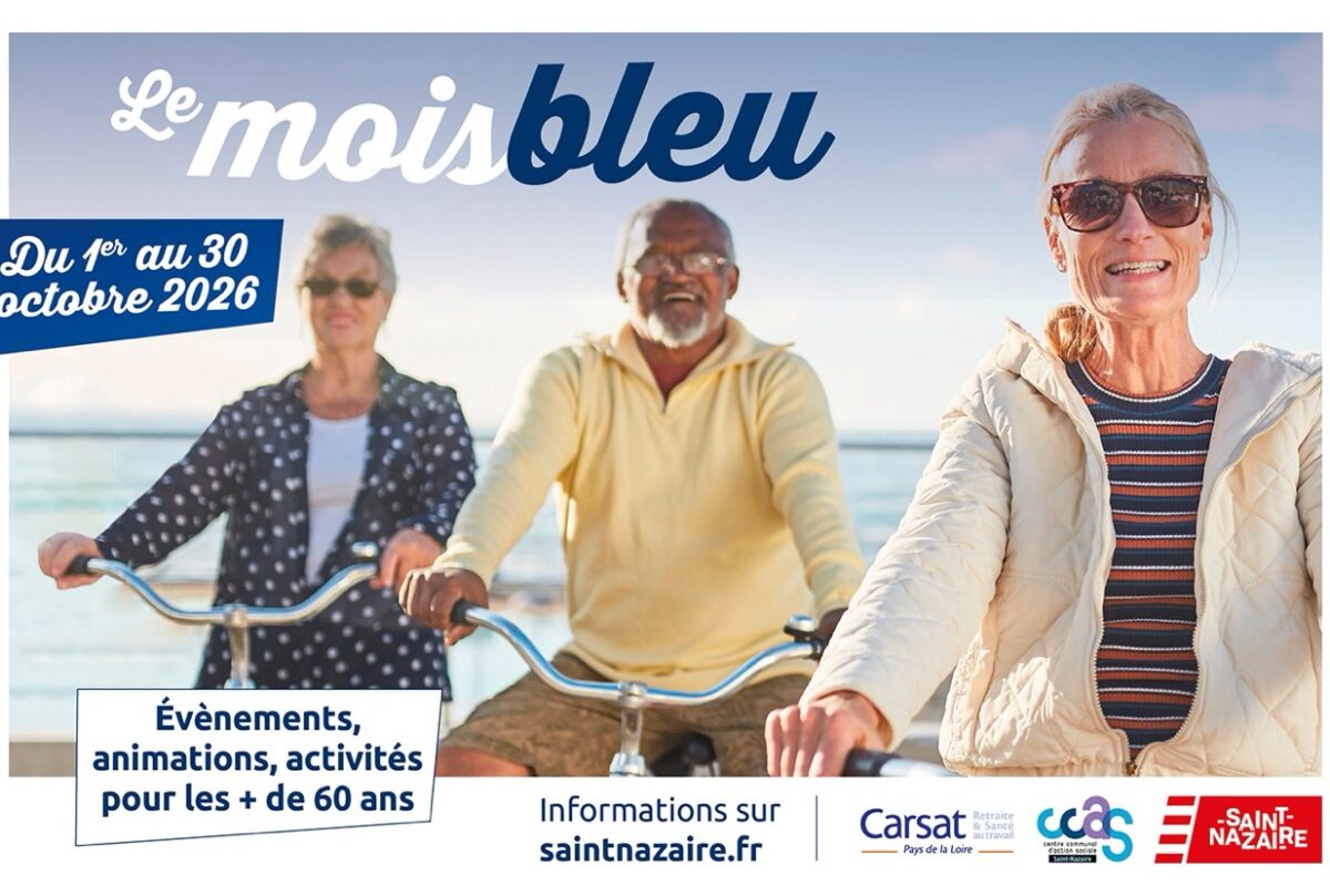 Affiche de l’événement le mois bleu. Du 1er au 30 octobre 2026 à Saint-Nazaire. Évènements, animations, activités pour les plus de 60 ans.
