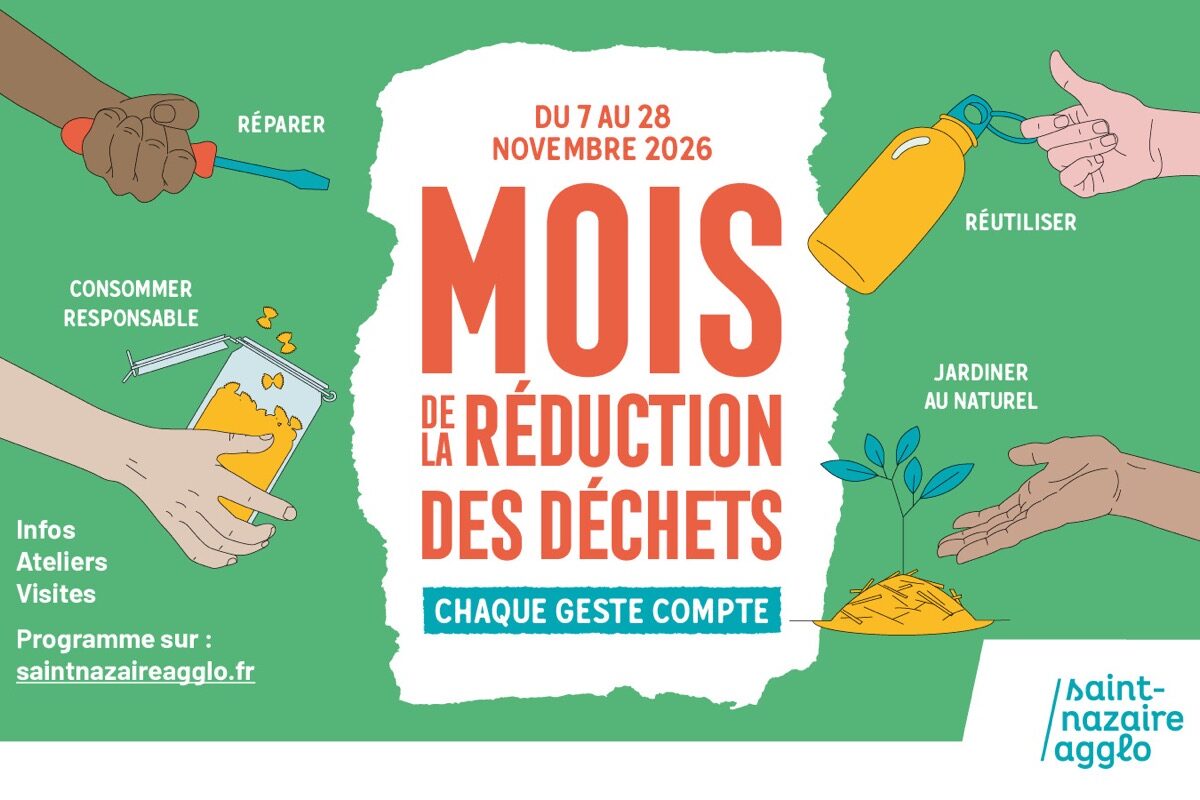 Affiche du mois de la réduction des déchets. Du 7 au 28 novembre 2026. Chaque geste compte. Réparer, réutiliser, consommer, responsable, jardiner au naturel.